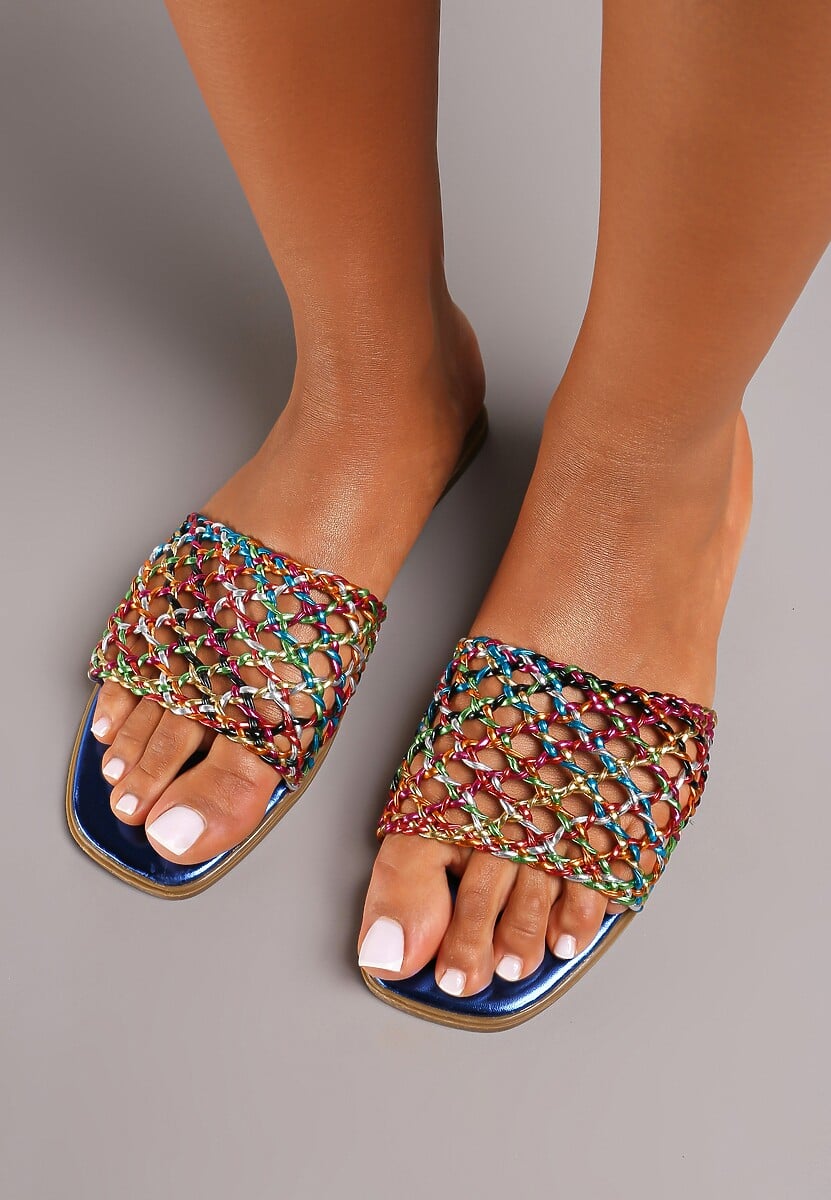 Niebieskie Płaskie Klapki Ozdobione Plecionką Nelldine