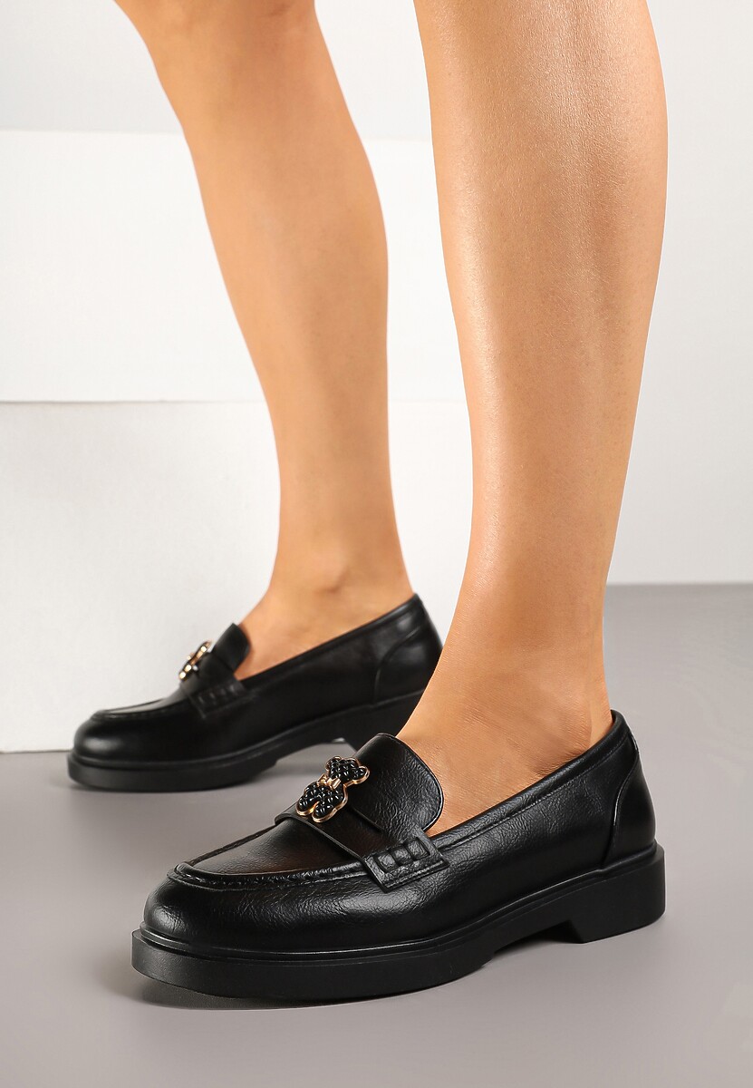Czarne Mokasyny ze Skórzaną Wkładką i Ozdobą Meralitia