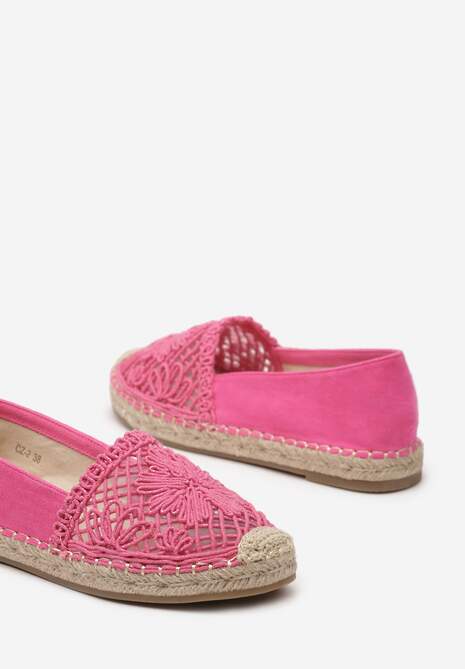 Fuksjowe Płaskie Espadryle z Ażurową Wstawką na Nosku i Plecioną Podeszwą Rowenas