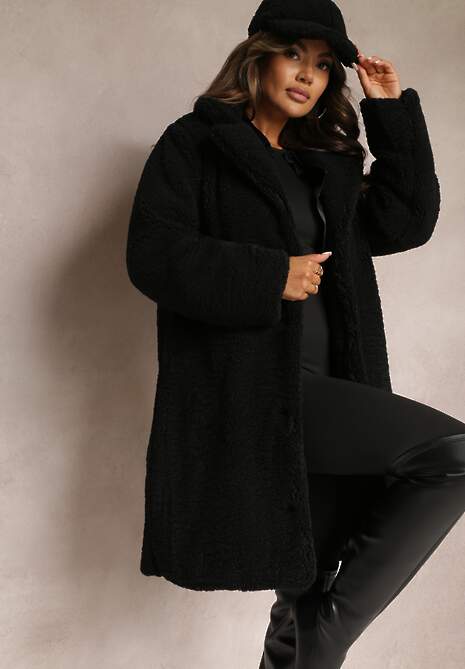 Czarny Płaszcz Oversize z Pluszowego Futerka z Czapką Jillo