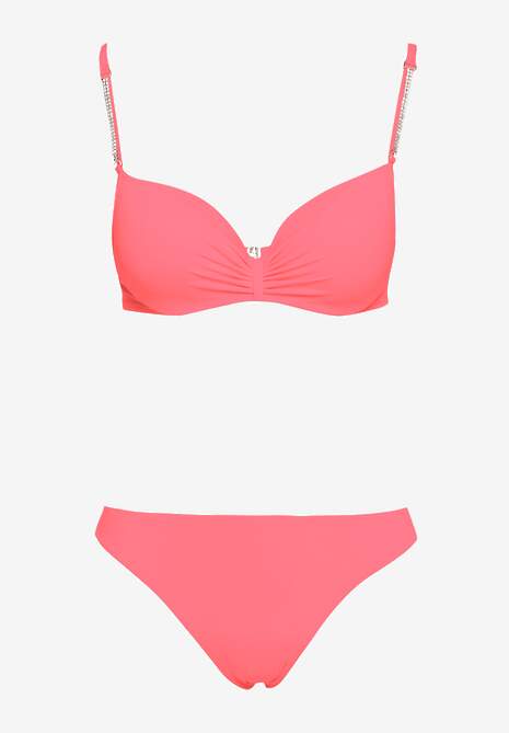 Jasnoróżowe Bikini Usztywniany Biustonosz z Cyrkoniami i Spodenki Kąpielowe Wykończone Gumką w Pasie Rilamia