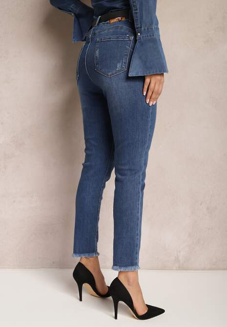 Granatowe Jeansy Skinny z Przedarciami i Łańcuszkami na Szlufkach Reila