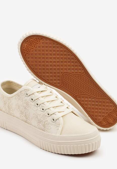 Beżowe Klasyczne Trampki z Cholewką z Haftem Meppane