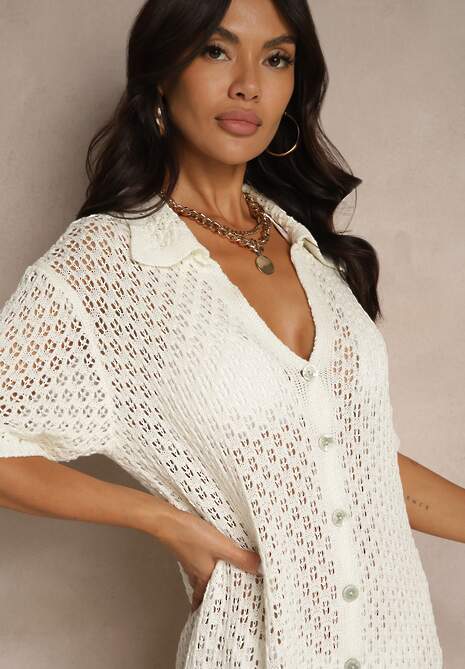 Jasnobeżowa Koszulowa Sukienka z Bawełną z Siateczki Folesia