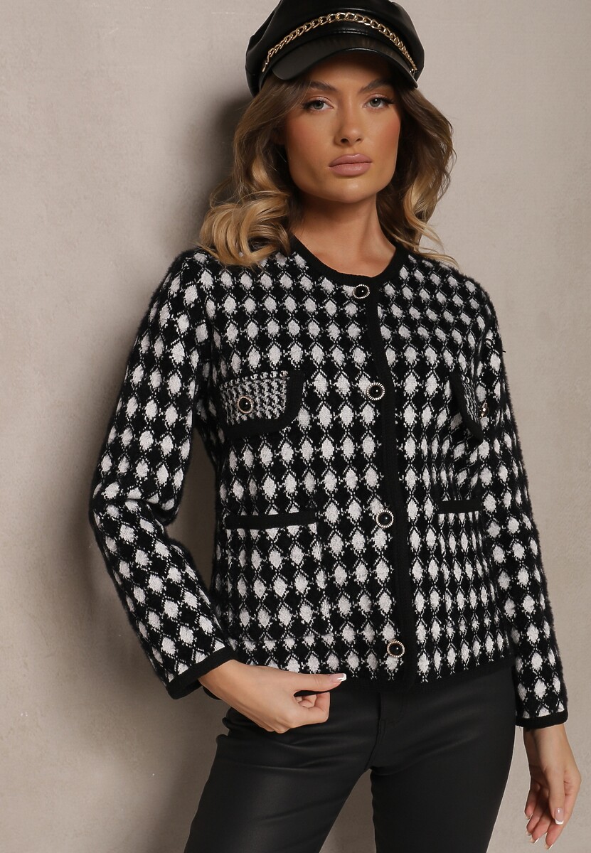 Czarny Wiskozowy Kardigan Ozdobiony Wzorem w Pepitkę i Guzikami Saveri