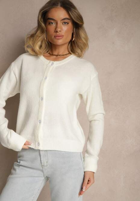 Biały Klasyczny Kardigan z Zaokrąglonym Dekoltem Reonira