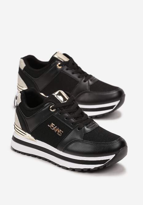 Czarne Brokatowe Sneakersy na Ozdobnej Podeszwie przed Kostkę Jariana