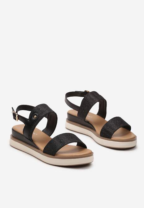 Czarne Brokatowe Płaskie Sandały Zapinane Wokół Kostki na Sprzączkę Bellisara