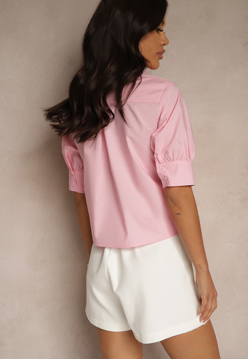 Różowa Koszula z Bawełny z Bufiastymi Rękawami Silanira