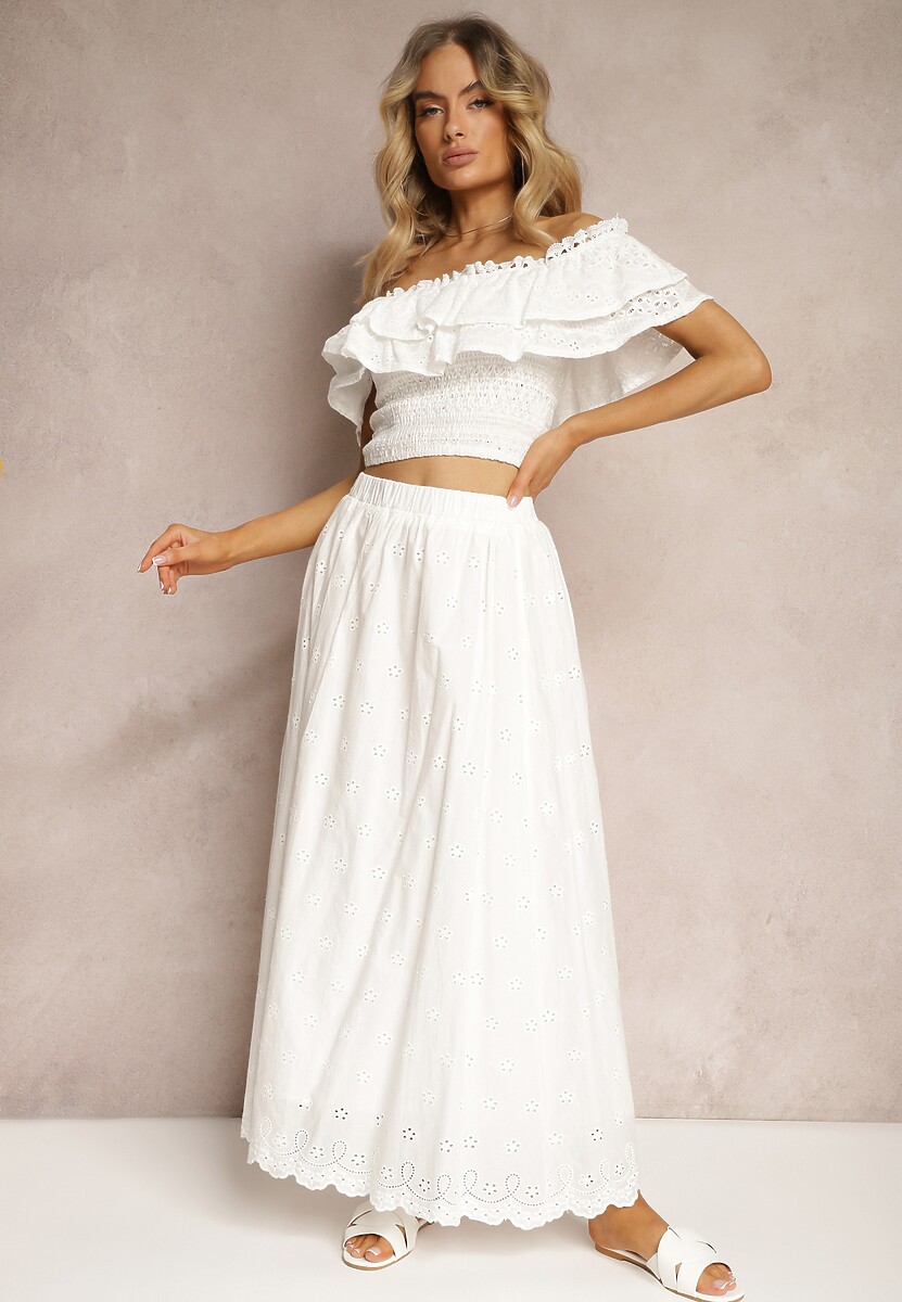 Biała Bawełniana Rozkloszowana Spódnica z Haftem Podszewką i Gumką w Pasie Illonica