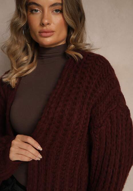 Bordowy Oversizowy Kardigan Bez Zapięć z Dodatkiem Wełny i Wiskozy Titanesa