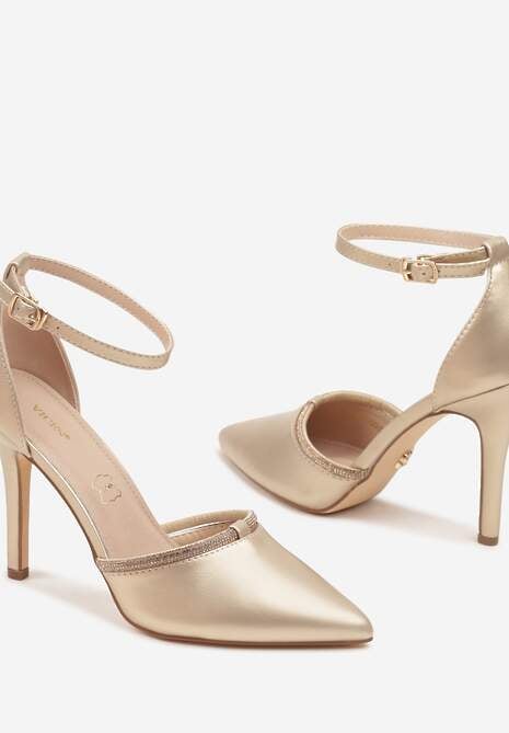 Złote Szpilki Vices z Wkładką ze Skóry Naturalnej i Ozdobnym Cyrkoniowym Paskiem Lizzeth