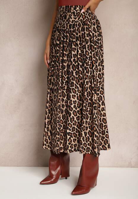 Beżowa Rozkloszowana Spódnica z Wiskozy w Panterkę High Waist z Gumką w Talii Vimashira