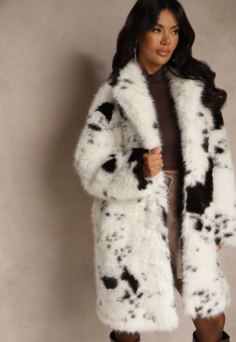 Biało-Brązowy Długi Futrzany Płaszcz w Krowie Łaty Otirona