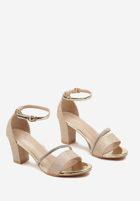 Złote Sandały na Słupku Ozdobione Cyrkoniami i Brokatem Zapinane na Sprzączkę Wejkis