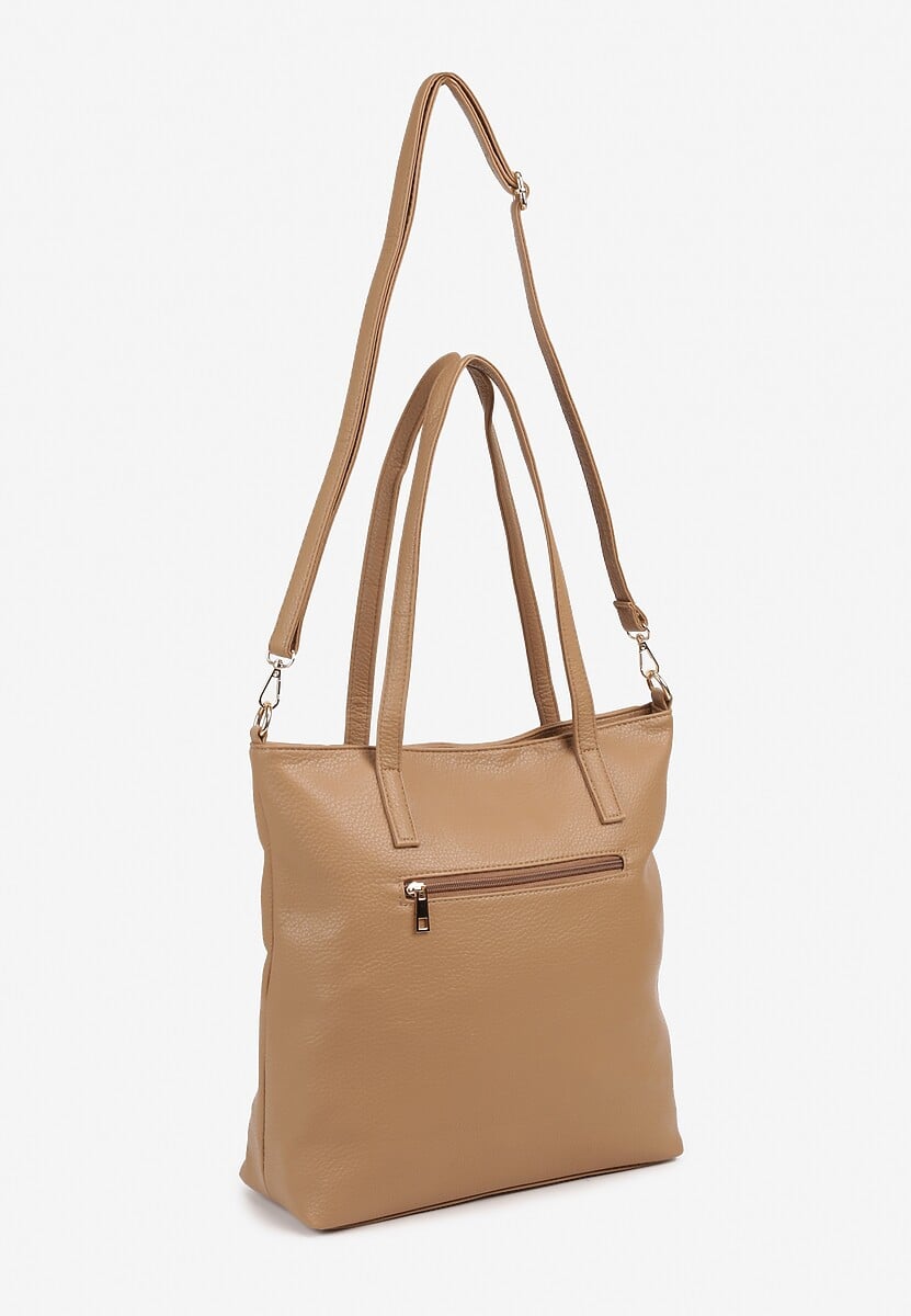 Ciemnobeżowa  Torebka Typu Shopper z Odpinanym Paskiem na Ramię i Ozdobnym Suwakiem Helila