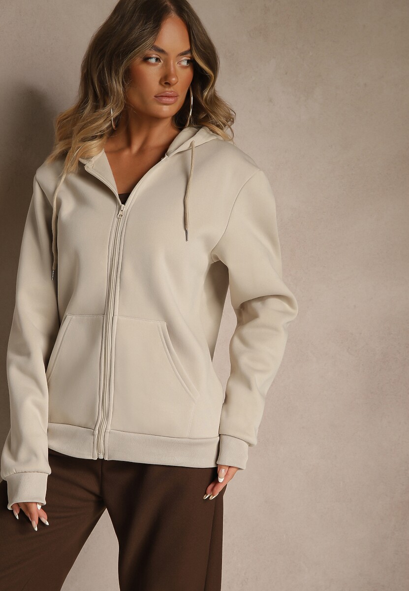 Beżowa Bluza Rozpinana z Kapturem z Bawełną Ozdobiona Sznurkami Odiola