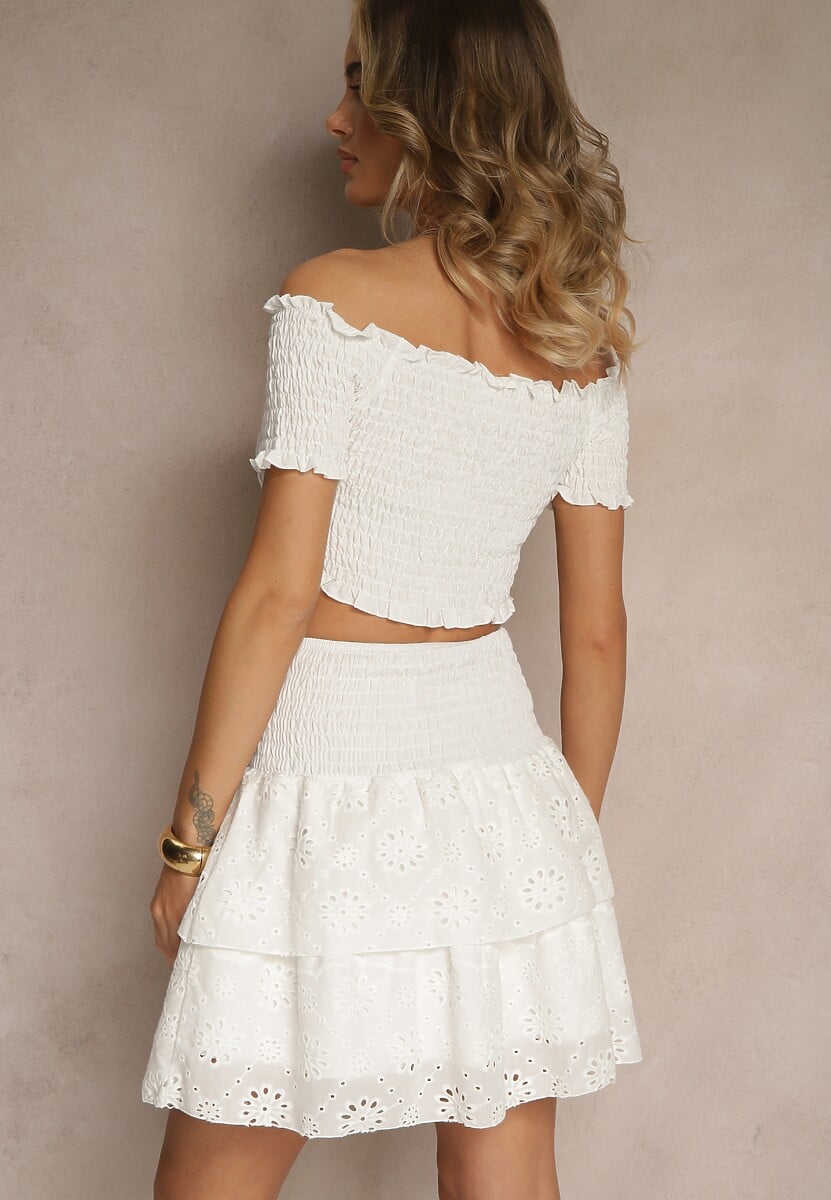 Biały Ażurowy Komplet z Bawełny Top w Hiszpańskim Stylu Spódnica z Gumką w Talii  Vimariah