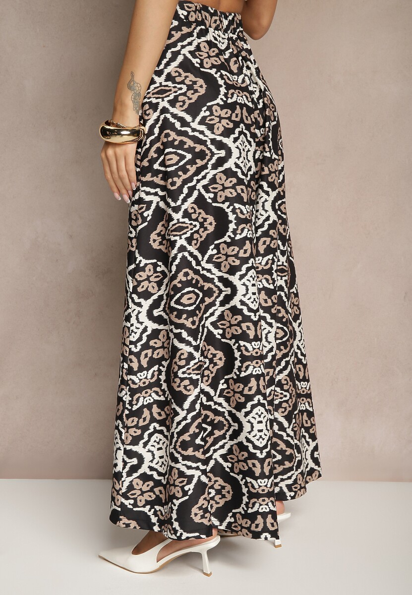 Czarne Szerokie Spodnie z Wiskozy High Waist w Geometryczny Wzór Firdexia