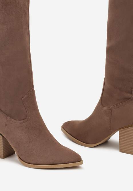 Ciemnobeżowe Kozaki Vices na Słupku Ozdobione Metaliczną Wstawką Moriane