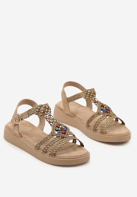 Ciemnobeżowe Płaskie Sandały z Ekoskóry z Plecionymi Paskami Ozdobione Kamieniami Alliara
