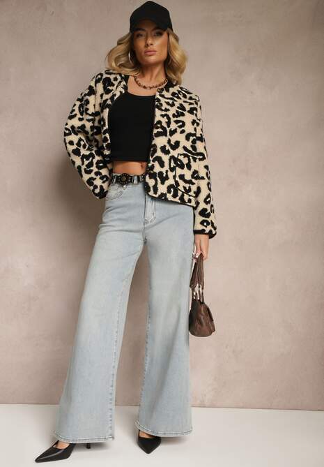 Beżowa Kurtka Futrzana Ozdobiona Kieszeniami Sewiala