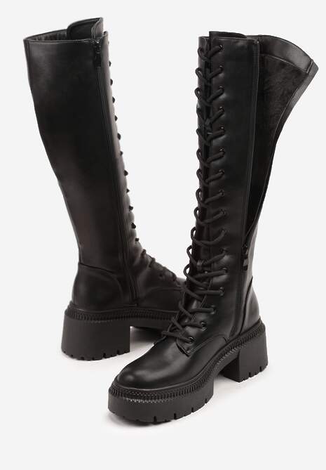 Czarne Kozaki Vicesu w Stylu Grunge ze Sznurowaną Cholewką i Platformą Laurotte