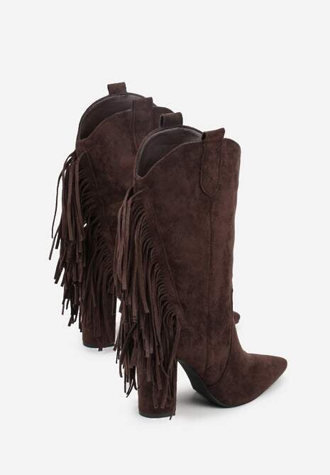 Brązowe Botki Kowbojki na Słupku Ozdobione Frędzlami Reikka