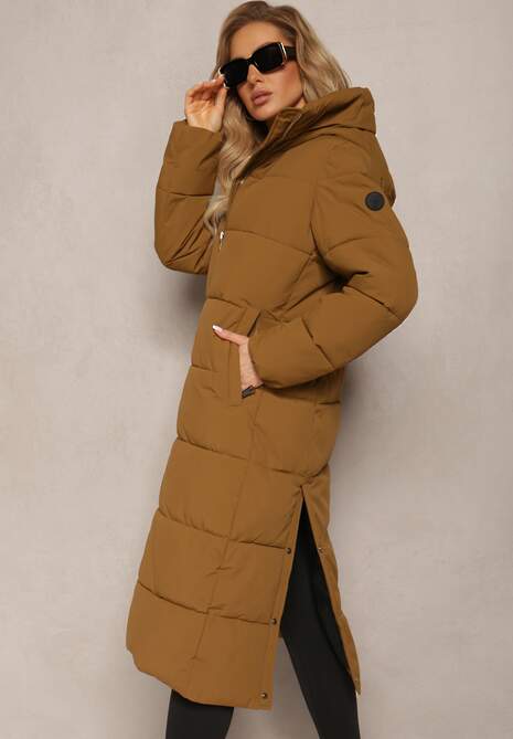 Brązowa Długa Kurtka Pikowana Płaszcz Mocno Ocieplona z Nieodpinanym Kapturem Naliope