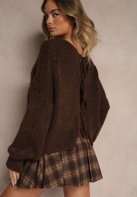 Brązowy Kardigan z Wełną o Kroju Oversize z Wiązanymi Kokardami Elearina