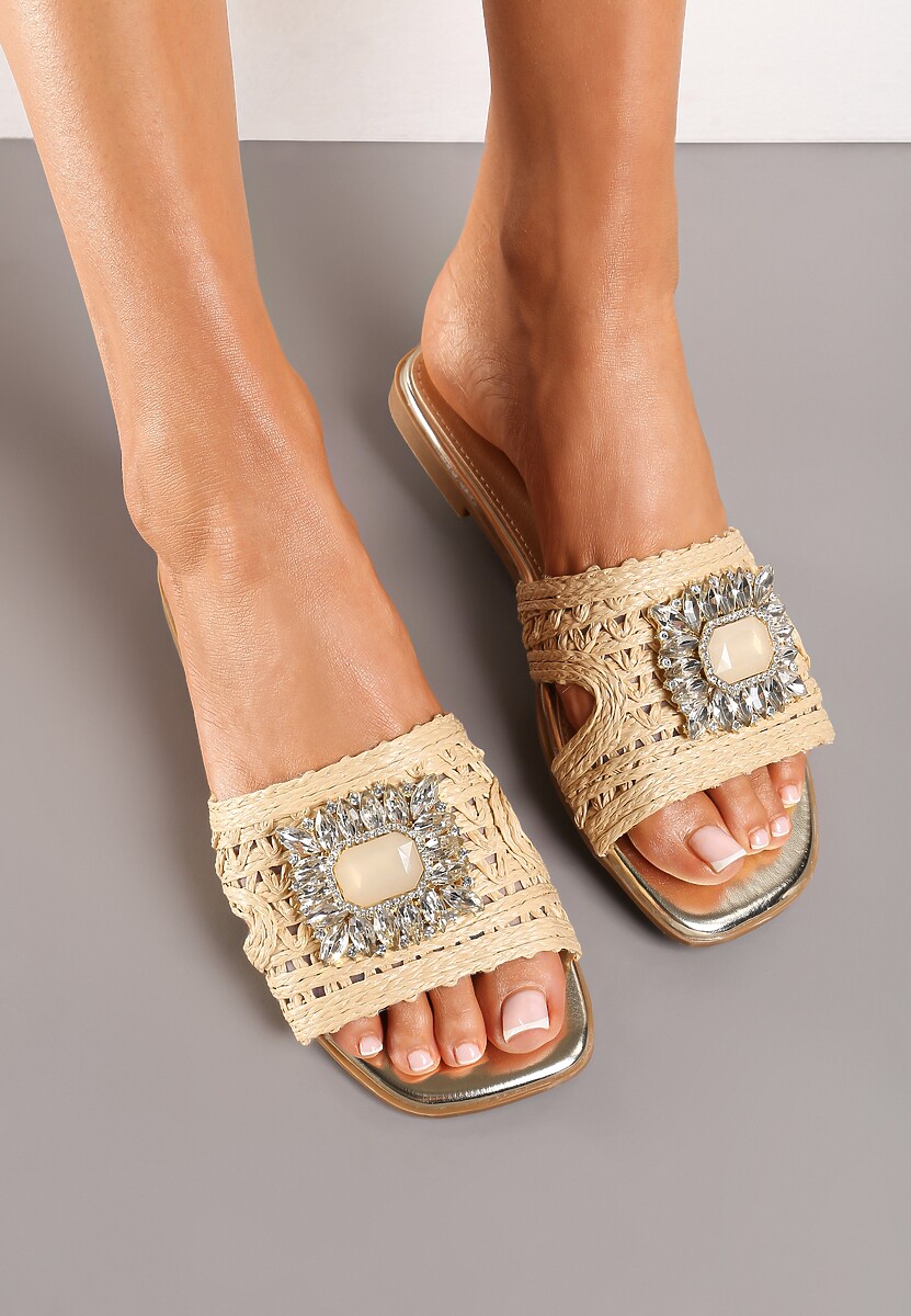 Beżowe Klapki z Imitacji Skóry z Paskiem Ozdobionym Kamieniami Allmina
