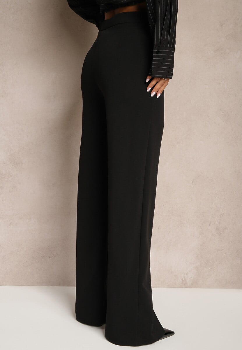 Czarne Eleganckie Spodnie High Waist o Szerokim Kroju z Wiskozą i Rozcięciami Yurlea
