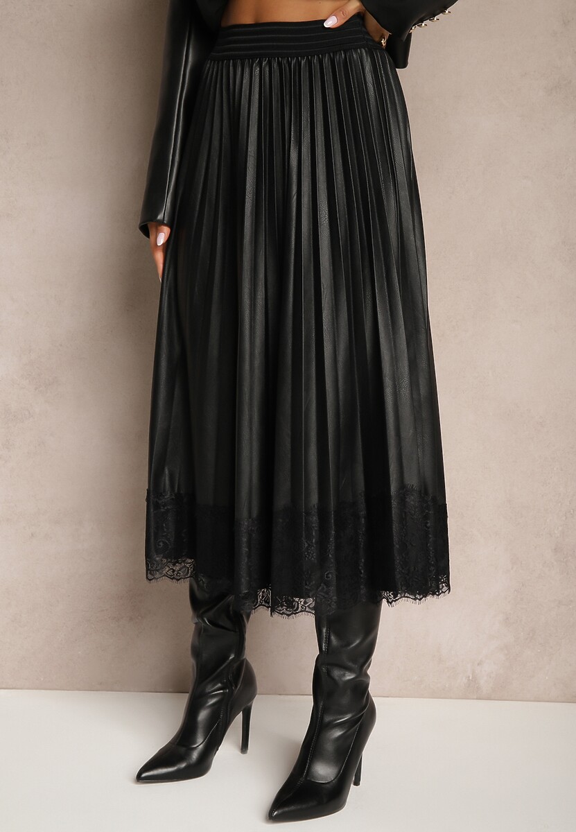 Czarna Rozkloszowana Spódnica Plisowana z Wiskozą z Imitacji Skóry Ozdobiona Koronką Etanielith