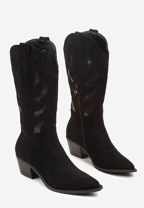 Czarne Botki na Stożku w Stylu Kowbojek Ozdobione Geometrycznym Motywem Latiresa
