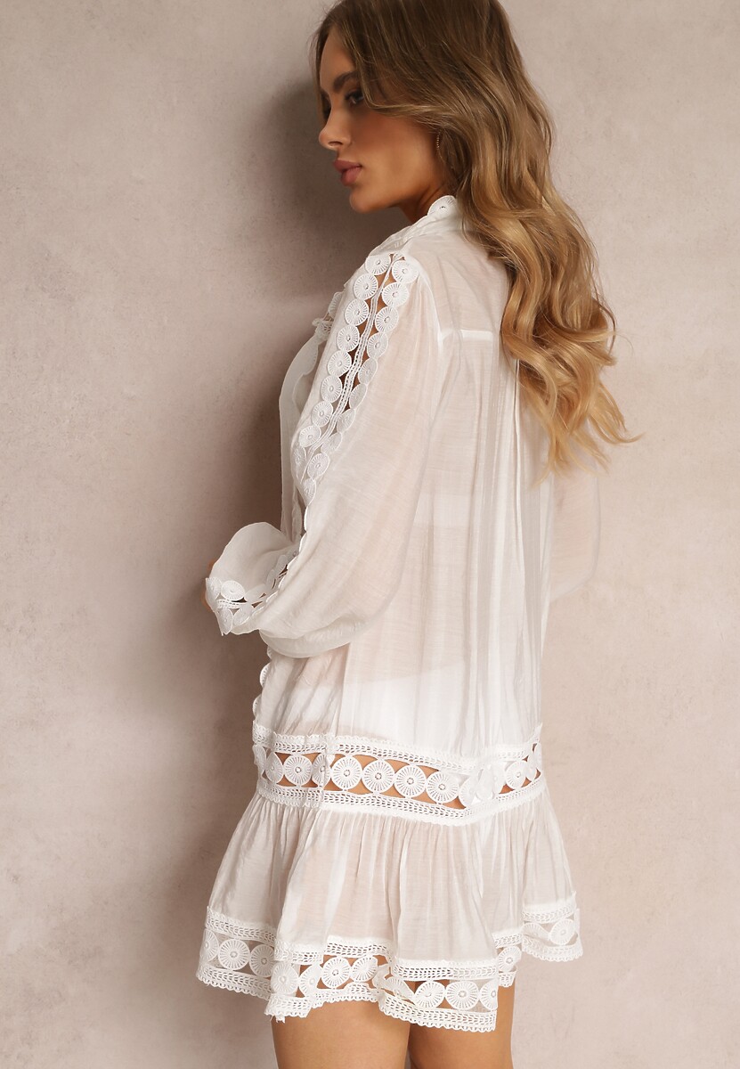 Biała Koronkowa Tunika Pudełkowa z Falbaną Nawal