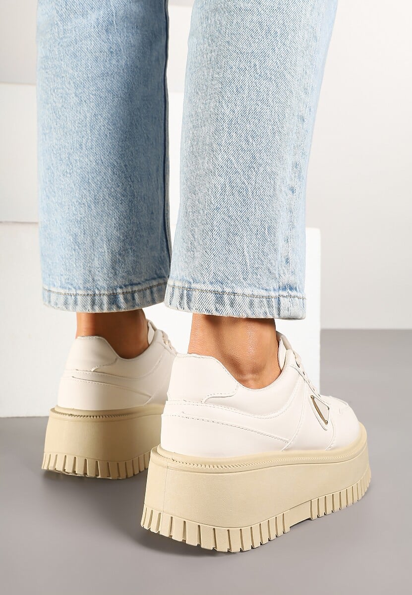 Beżowe Sneakersy na Platformie z Tłoczeniem Halinea