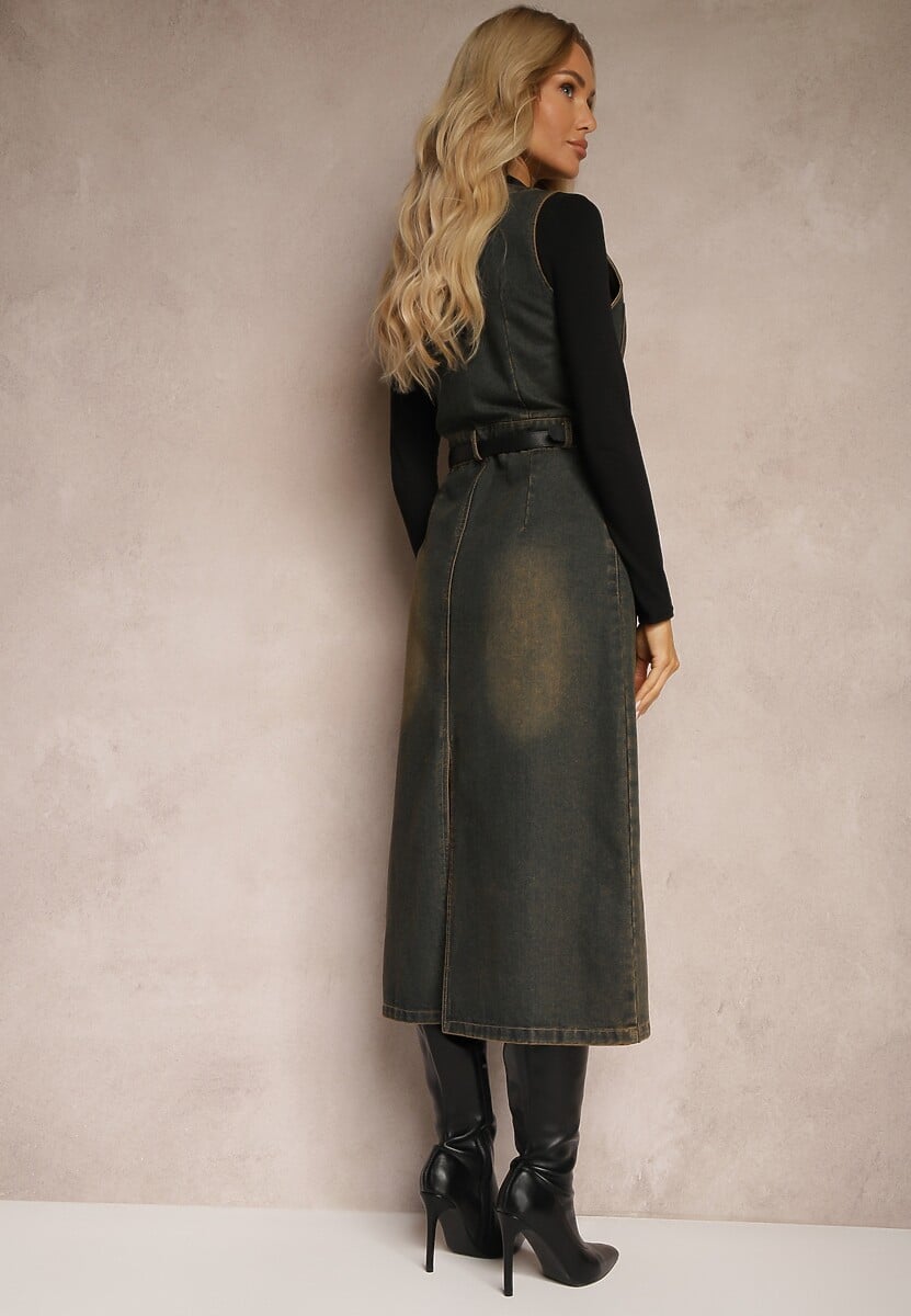 Granatowa Jeansowa Sukienka z Paskiem z Ekoskóry i Rozcięciem Zapinana na Suwak Samicella