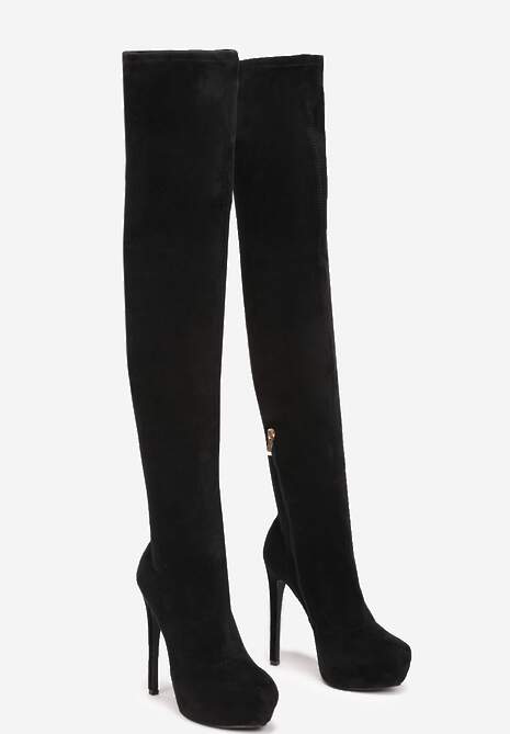 Czarne Dopasowane Kozaki na Szpilce z Platformą za Kolano Cebasik