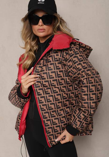 Czerwona Casualowa Kurtka Dwustronna Typu Puffer ze Ściągaczami i Kapturem Erisalanne