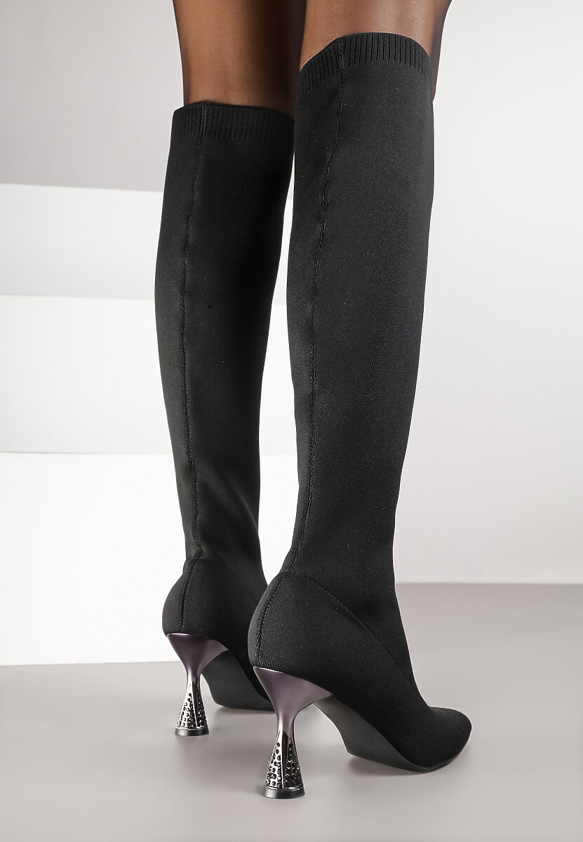 Czarne Kozaki Vices ze Skarpetkową Cholewką na Klepsydrze z Cyrkoniami Gioluna