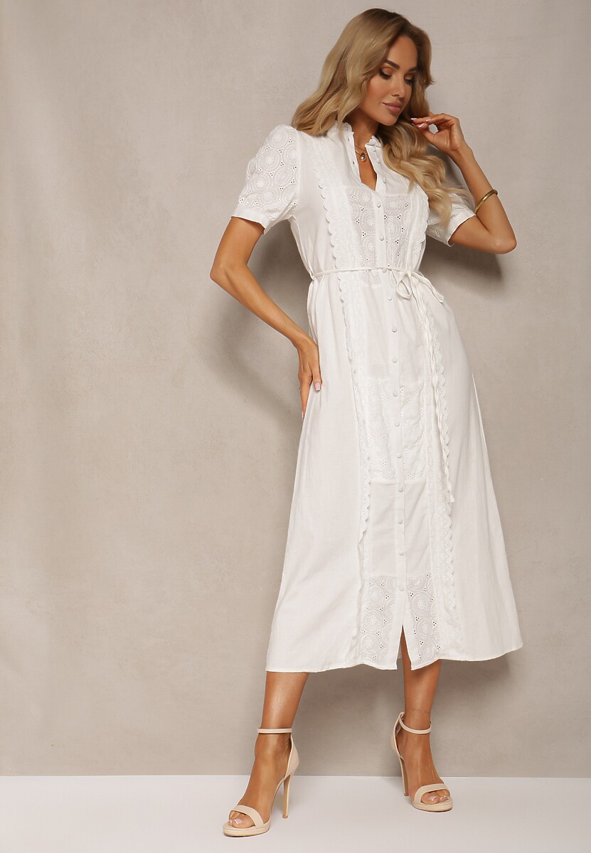 Jasnobeżowa Bawełniana Sukienka z Paskiem Ozdobiona Koronką Virona