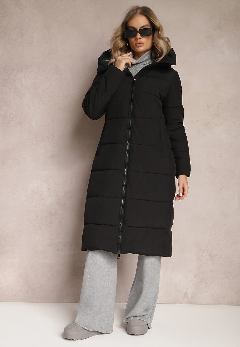 Czarna Długa Kurtka Płaszcz z Pikowaniem oraz Kapturem Madirre