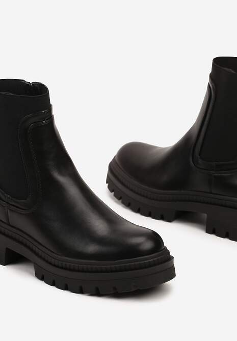 Czarne Płaskie Botki w Stylu Sztybletów z Ozdobnymi Przeszyciami Narirae