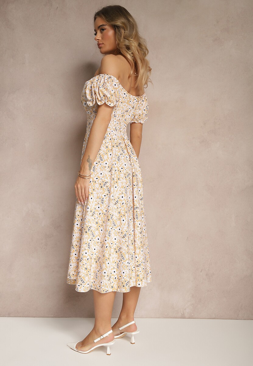 Żółta Rozkloszowana Sukienka w Kwiatowy Print z Bawełną i Dekoltem Łódką z Bufkami Saniren