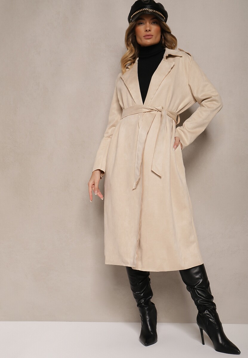 Jasnobeżowy Casualowy Wiązany Płaszcz z Kieszeniami Haliasem