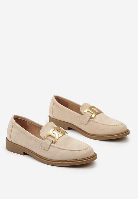Beżowe Mokasyny z Metalową Klamrą i Cholewką z Ekozamszu Vatile