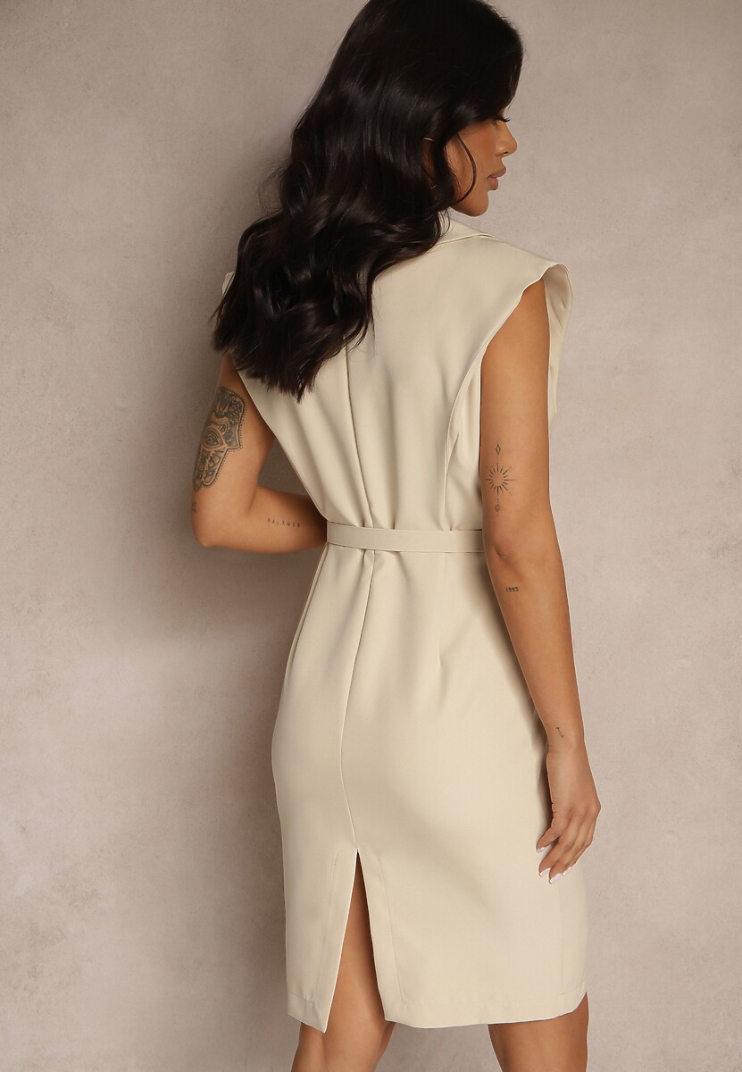 Beżowa Sukienka z Ozdobnymi Guzikami i Paskiem Dellanise