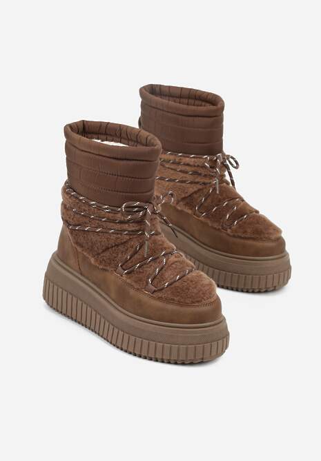 Brązowe Śniegowce na Platformie z Tłoczeniem Ozdobione Futerkiem i Pikowaniem Adallie