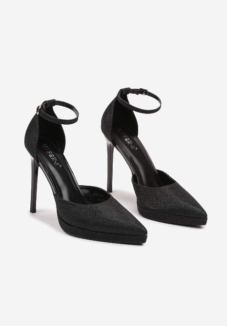 Czarne Eleganckie Brokatowe Szpilki Zapinane Wokół Kostki Daiera