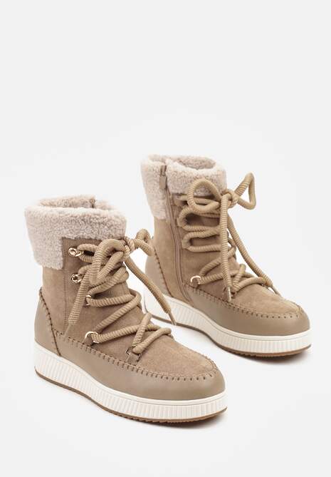 Ciemnobeżowe Śniegowce Zdobione Futrem i Przeszyciami Genilea